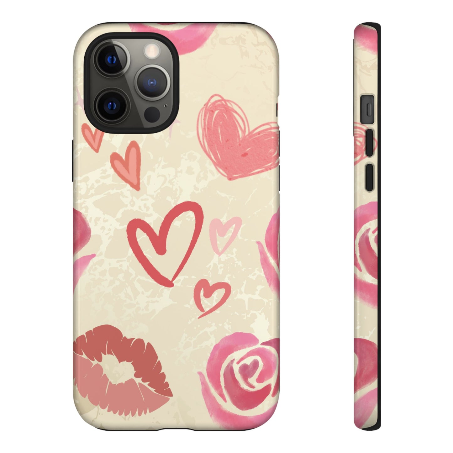 iPhone 12 Pro Max / Glossy Phone Case - ’Pink Heart & Rose Pattern’ Phone Case