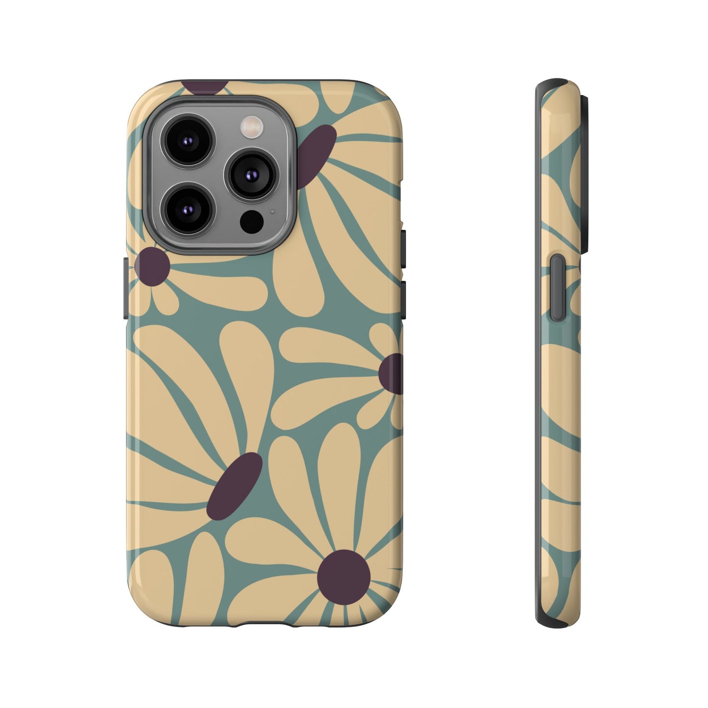 iPhone 14 Pro / Glossy Phone Case - ’Retro Cream & Blue Daisy Pattern’ Phone Case