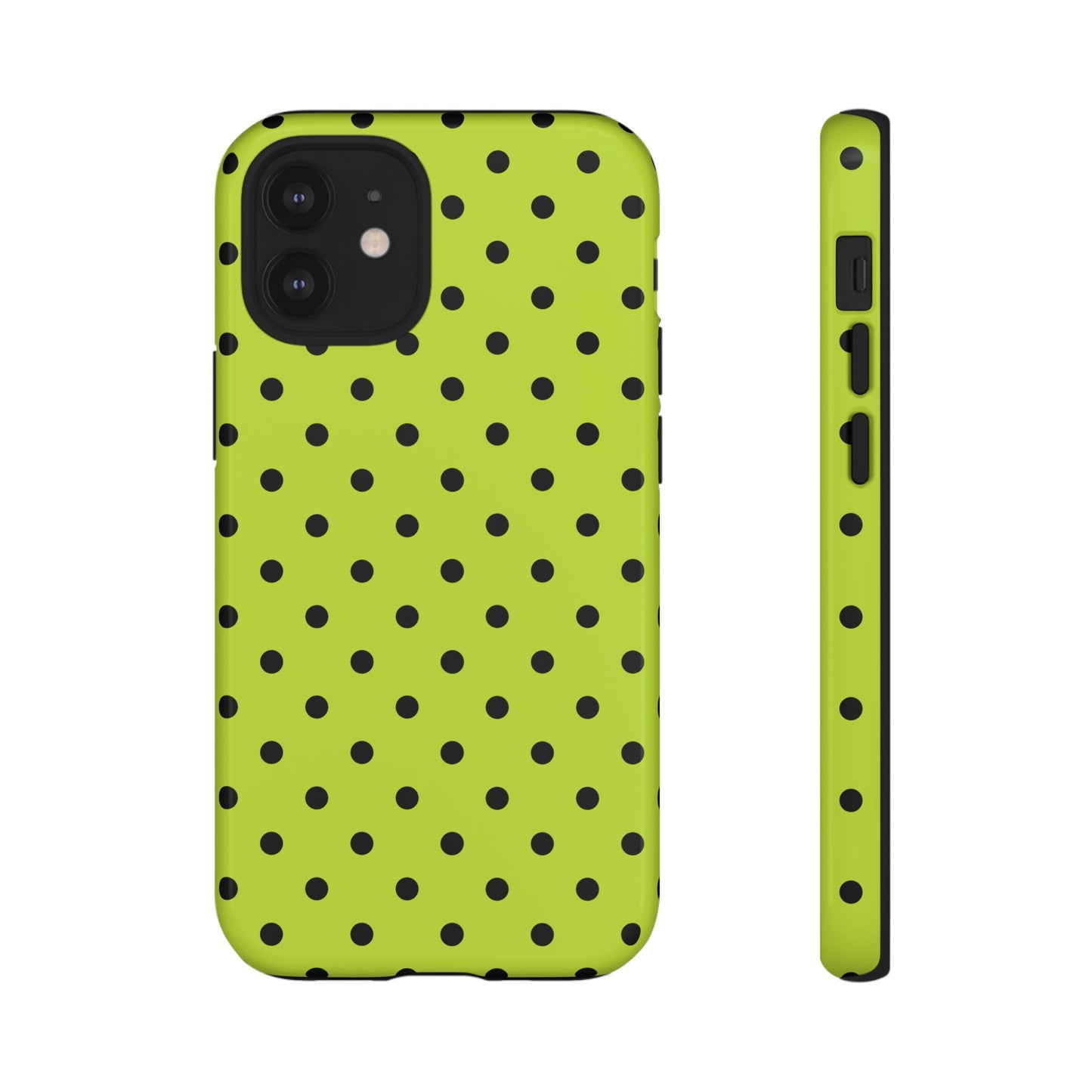 iPhone 12 Mini / Glossy Phone Case - Trendy Neon Lime Green & Black Dot Pattern Phone Case