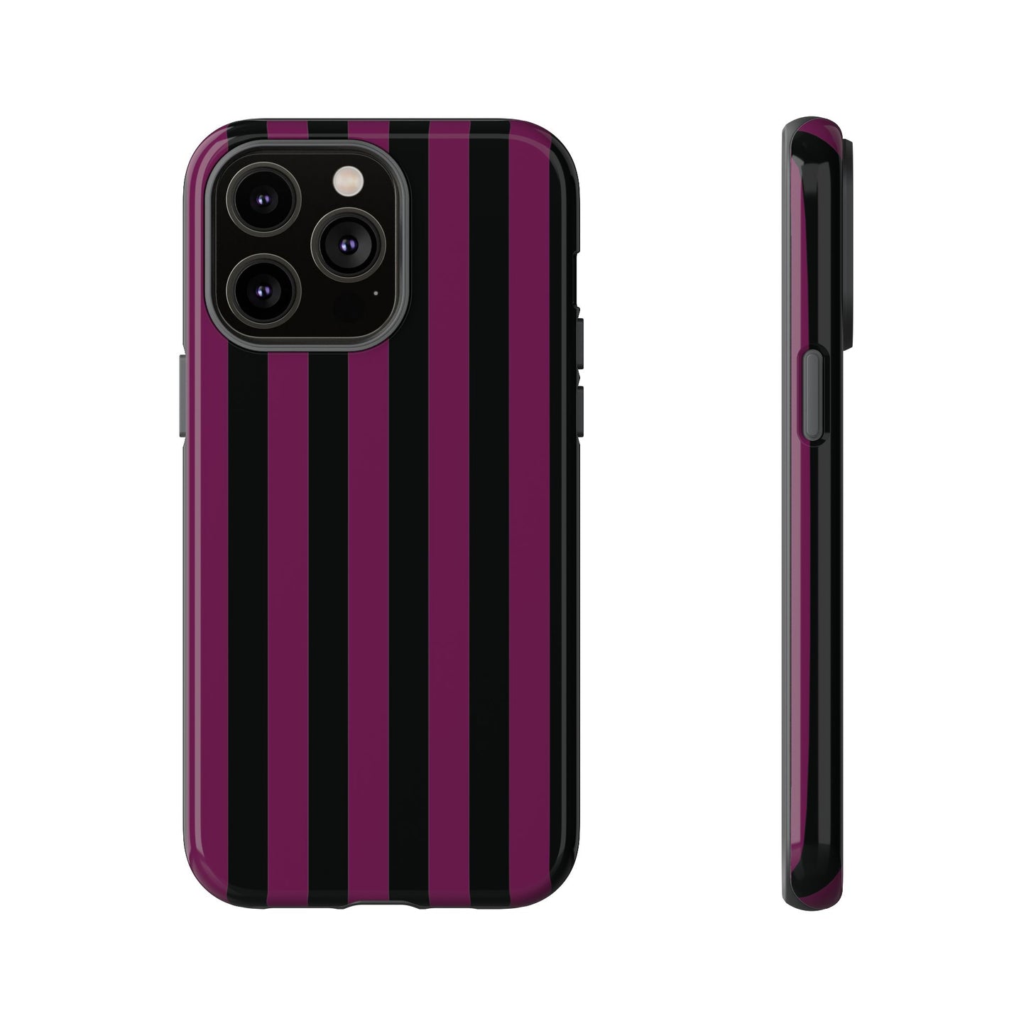 iPhone 14 Pro Max / Glossy Phone Case - Trendy Plum & Black Stripe Pattern Phone Case