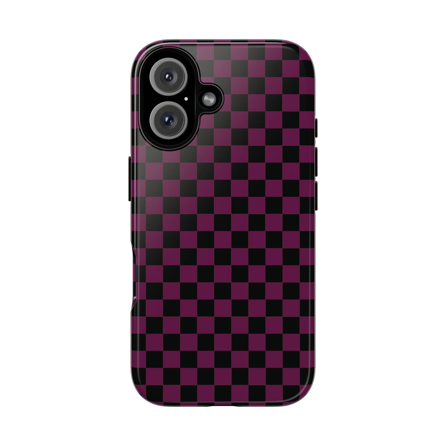 iPhone 16 / Glossy Phone Case - Trendy Plum & Black Small Checked Pattern Phone Case