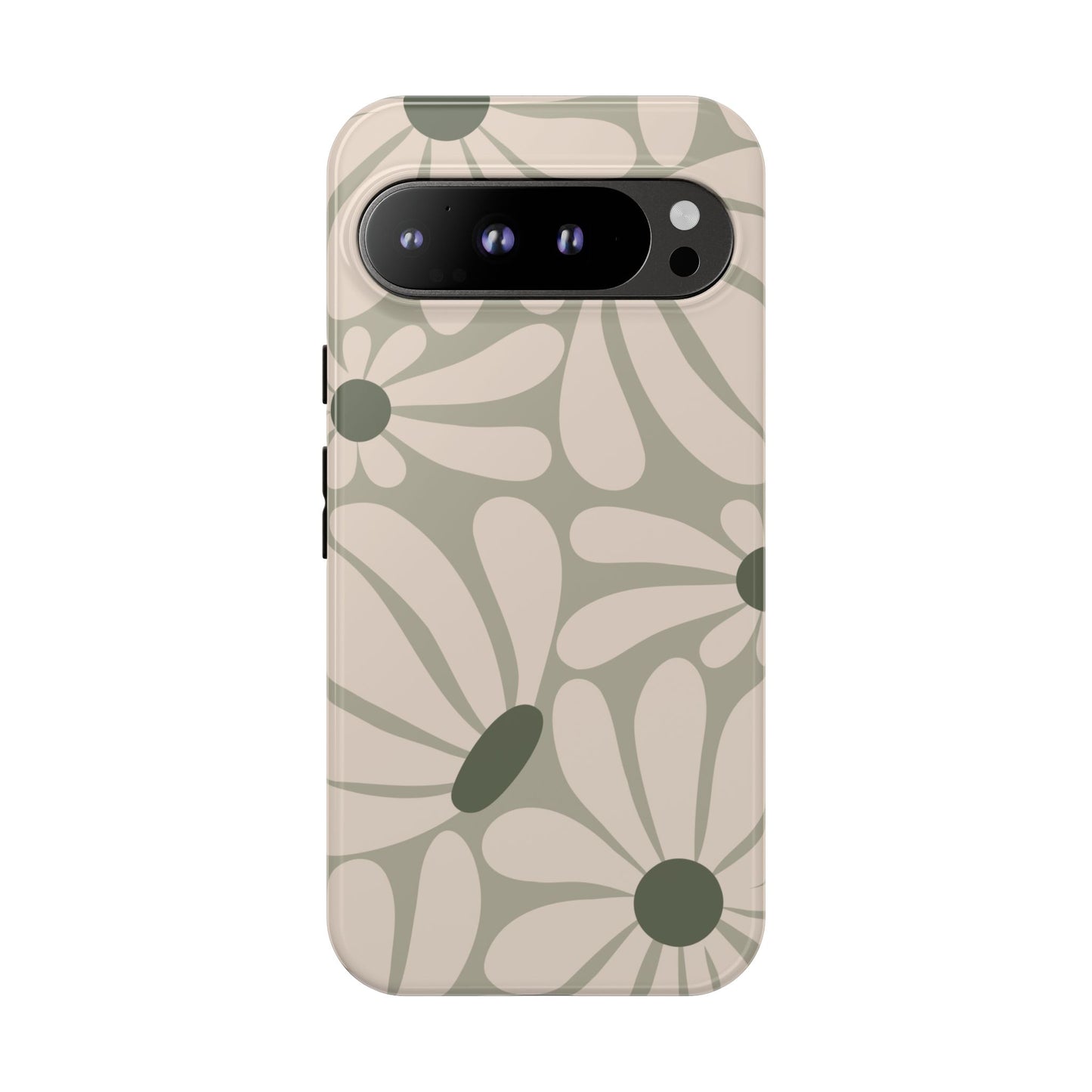 Google Pixel 9 Pro XL / Glossy Phone Case - ’Retro Cream & Green Daisy Pattern’ Phone Case
