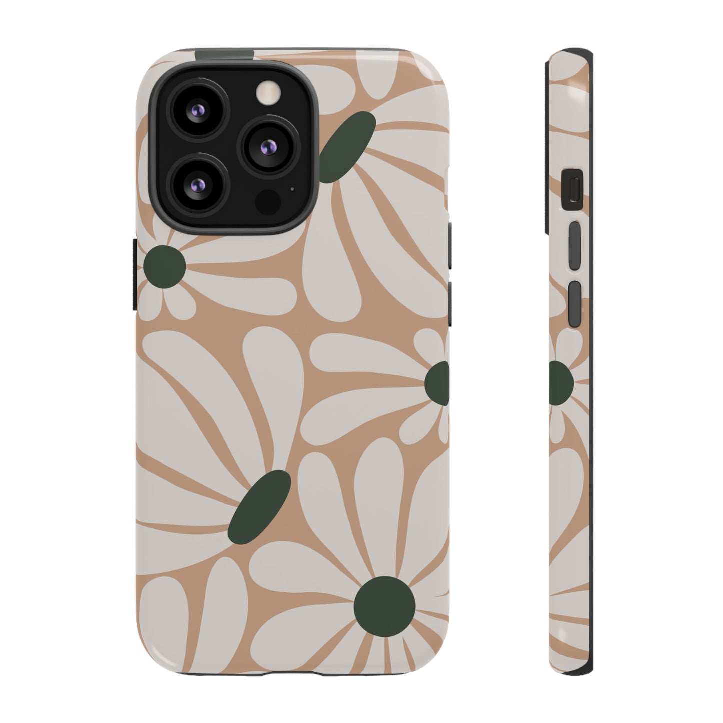 iPhone 13 Pro / Glossy Phone Case - ’Retro Beige & White Daisy Pattern’ Phone Case