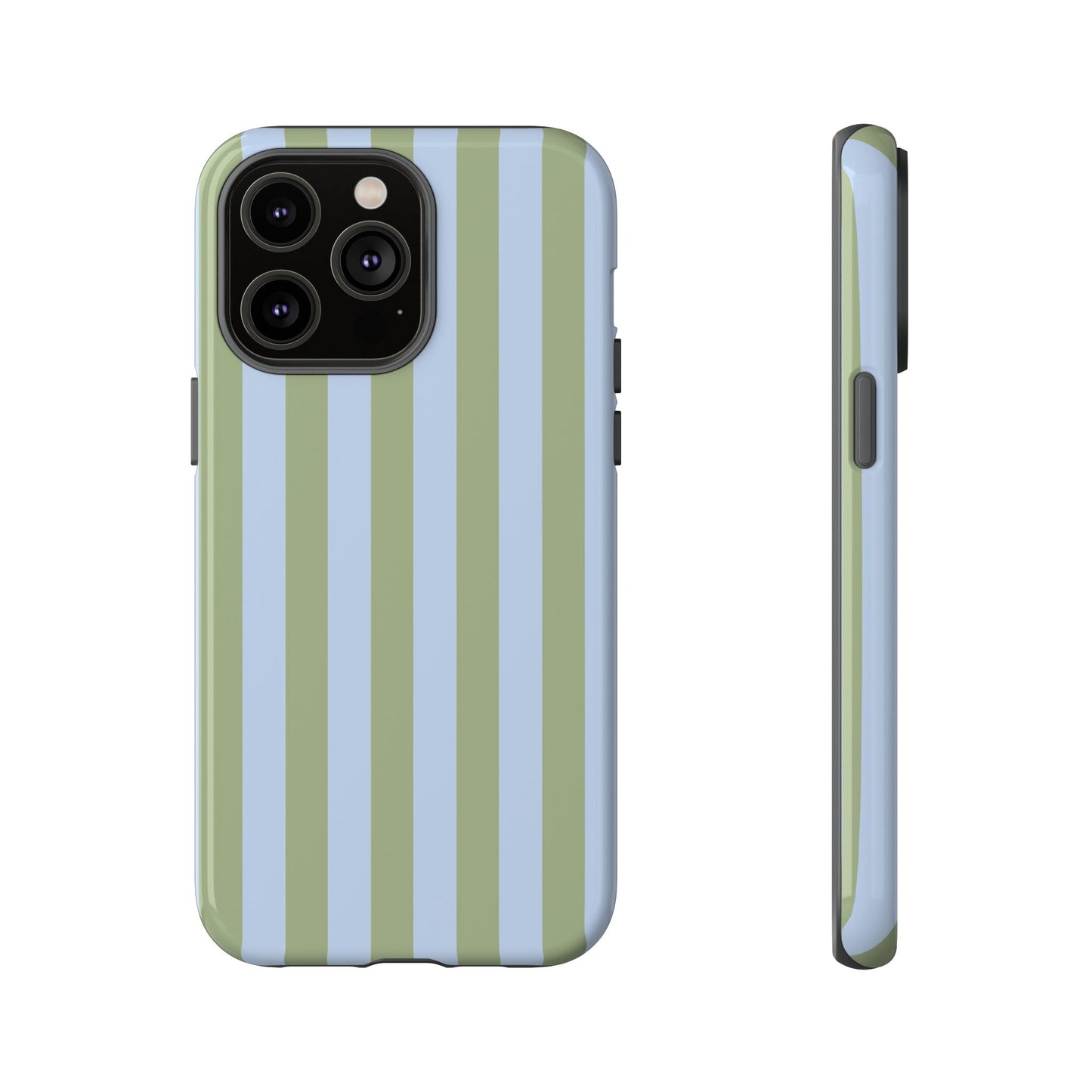 iPhone 14 Pro Max / Glossy Phone Case - Trendy Ice Blue & Green Stripe Pattern Phone Case