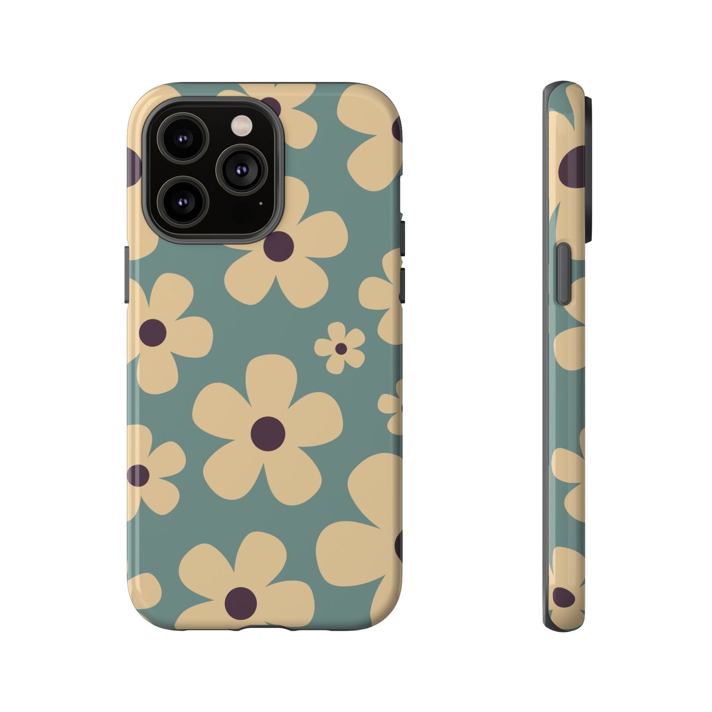 iPhone 14 Pro Max / Glossy Phone Case - Cute Blue & Cream Daisy Pattern Phone Case