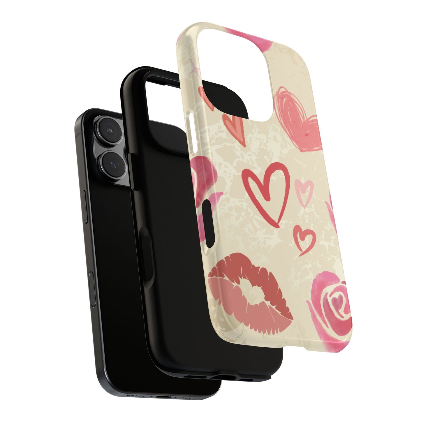 Phone Case - ’Pink Heart & Rose Pattern’ Phone Case