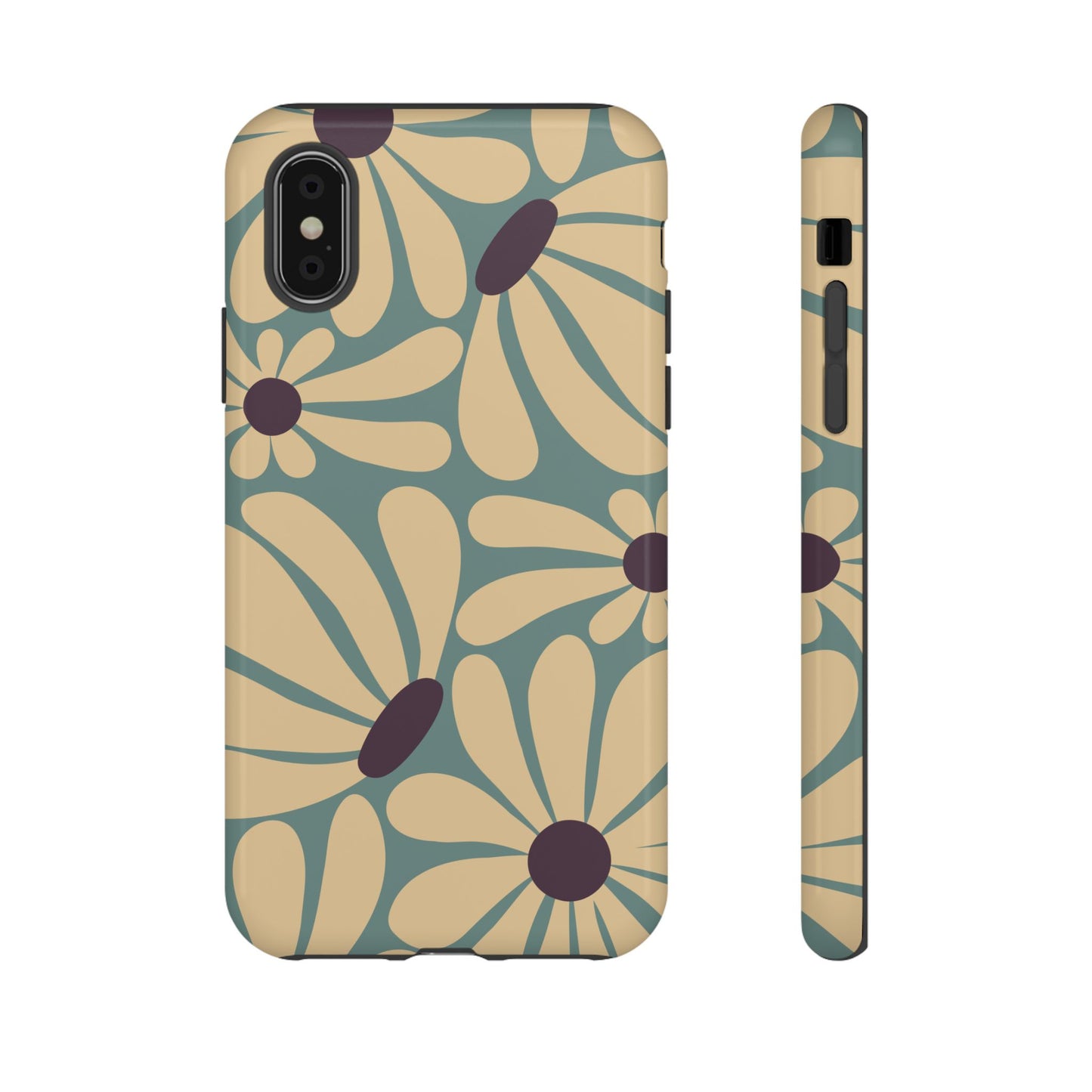 iPhone XS / Glossy Phone Case - ’Retro Cream & Blue Daisy Pattern’ Phone Case