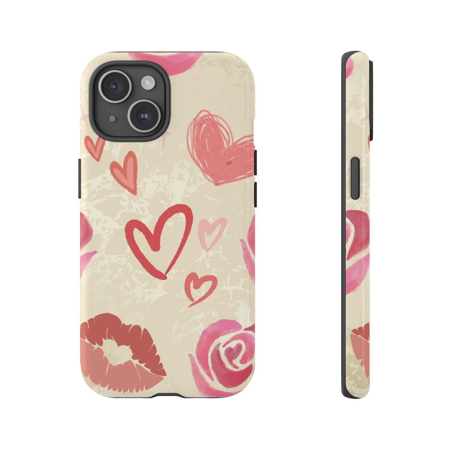 iPhone 15 / Glossy Phone Case - ’Pink Heart & Rose Pattern’ Phone Case