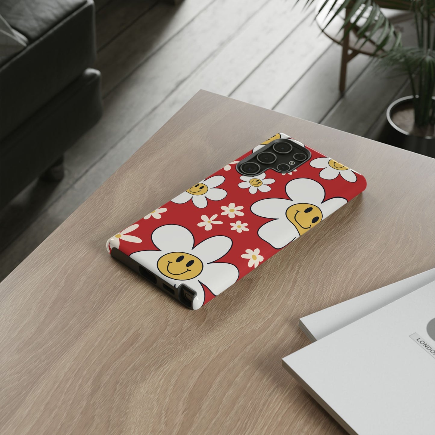 Phone Case - Fun Retro Daisy Pattern with Red Background Phone Case