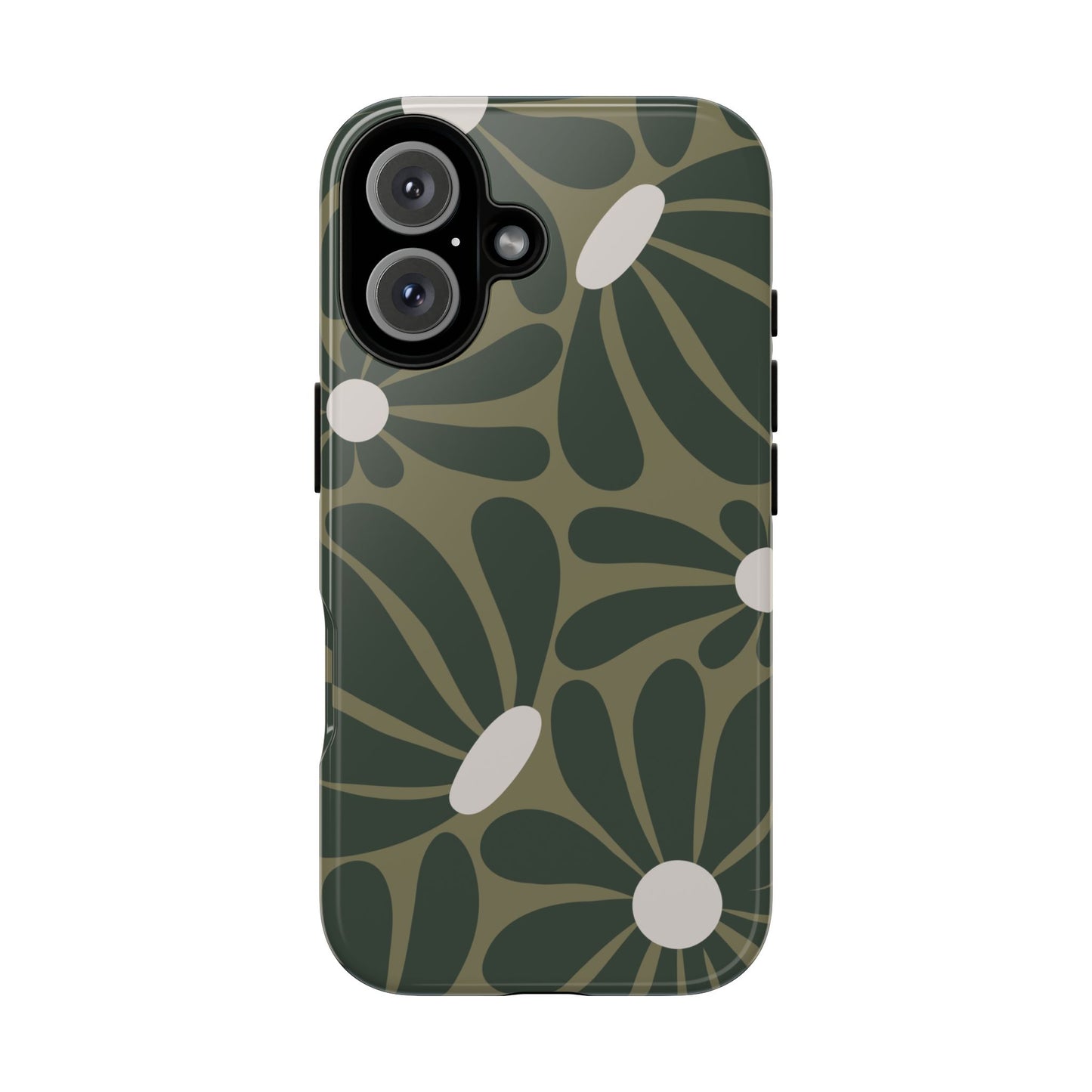 iPhone 16 / Glossy Phone Case - ’Retro Olive Green Daisy Pattern’ Phone Case