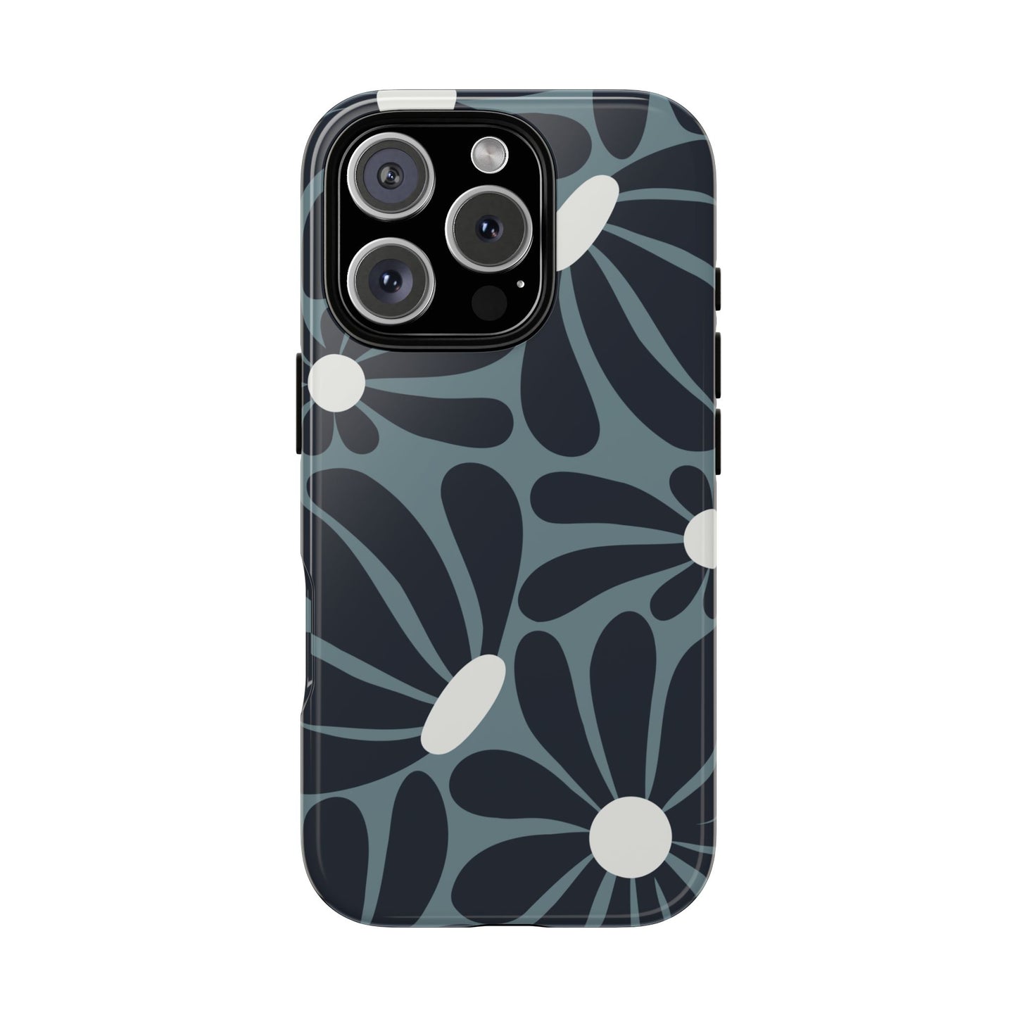 iPhone 16 Pro / Glossy Phone Case - ’Retro Navy Blue & White Daisy Pattern’ Phone Case
