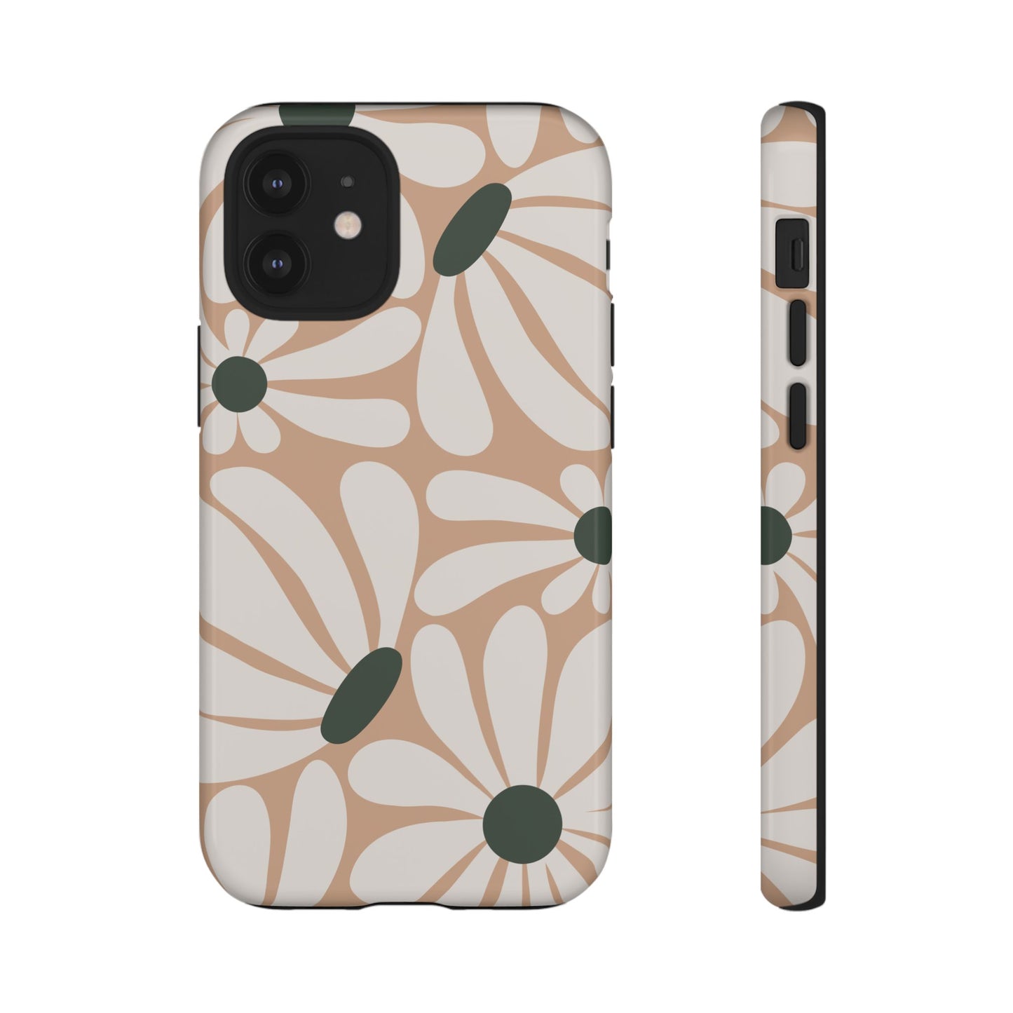 iPhone 12 Mini / Glossy Phone Case - ’Retro Beige & White Daisy Pattern’ Phone Case