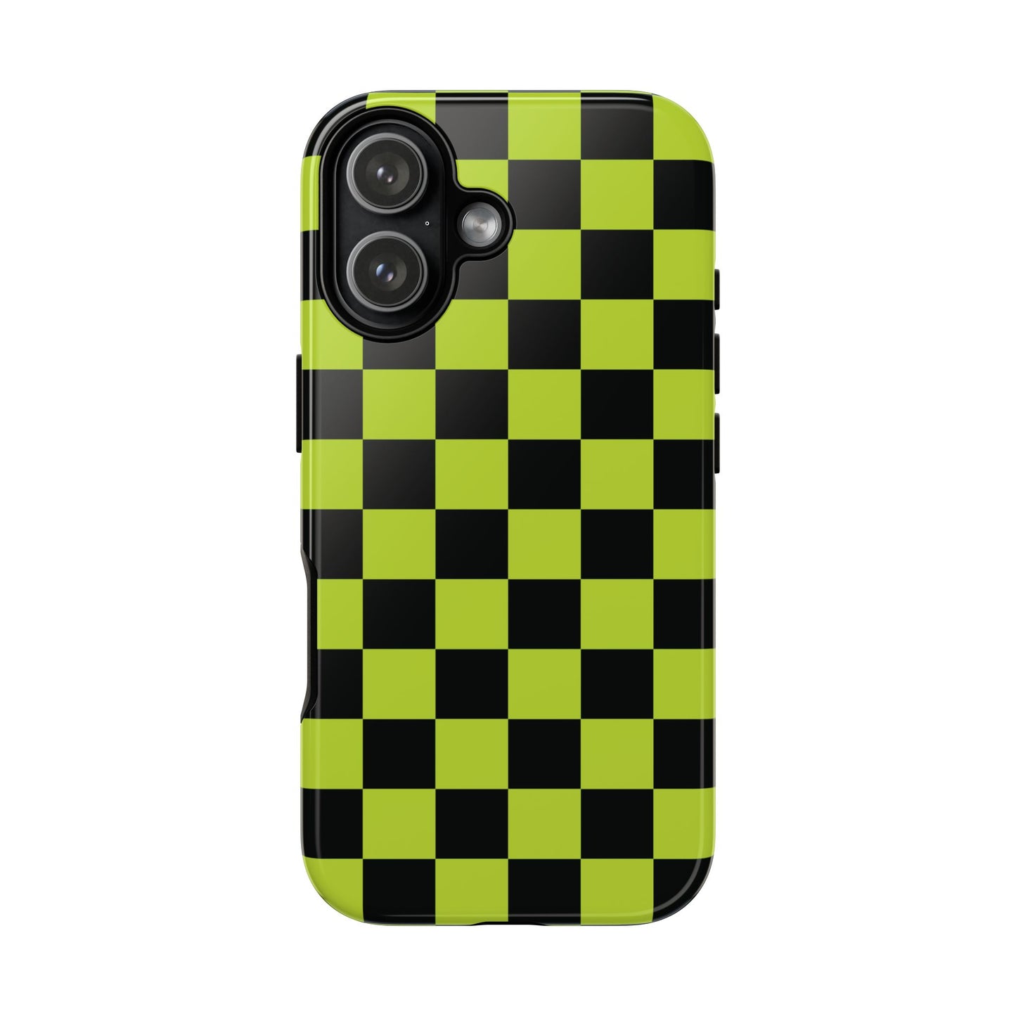 iPhone 17 / Glossy Phone Case - Trendy Neon Lime Green & Black Checked Pattern Phone Case