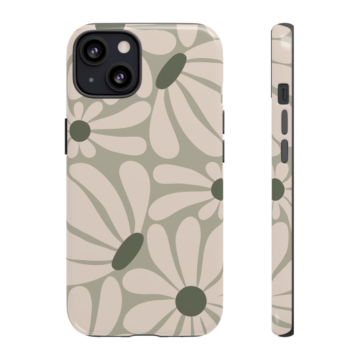iPhone 13 / Glossy Phone Case - ’Retro Cream & Green Daisy Pattern’ Phone Case