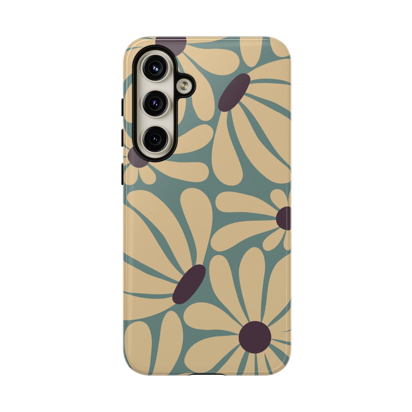 Samsung Galaxy S24 Plus / Glossy Phone Case - ’Retro Cream & Blue Daisy Pattern’ Phone Case