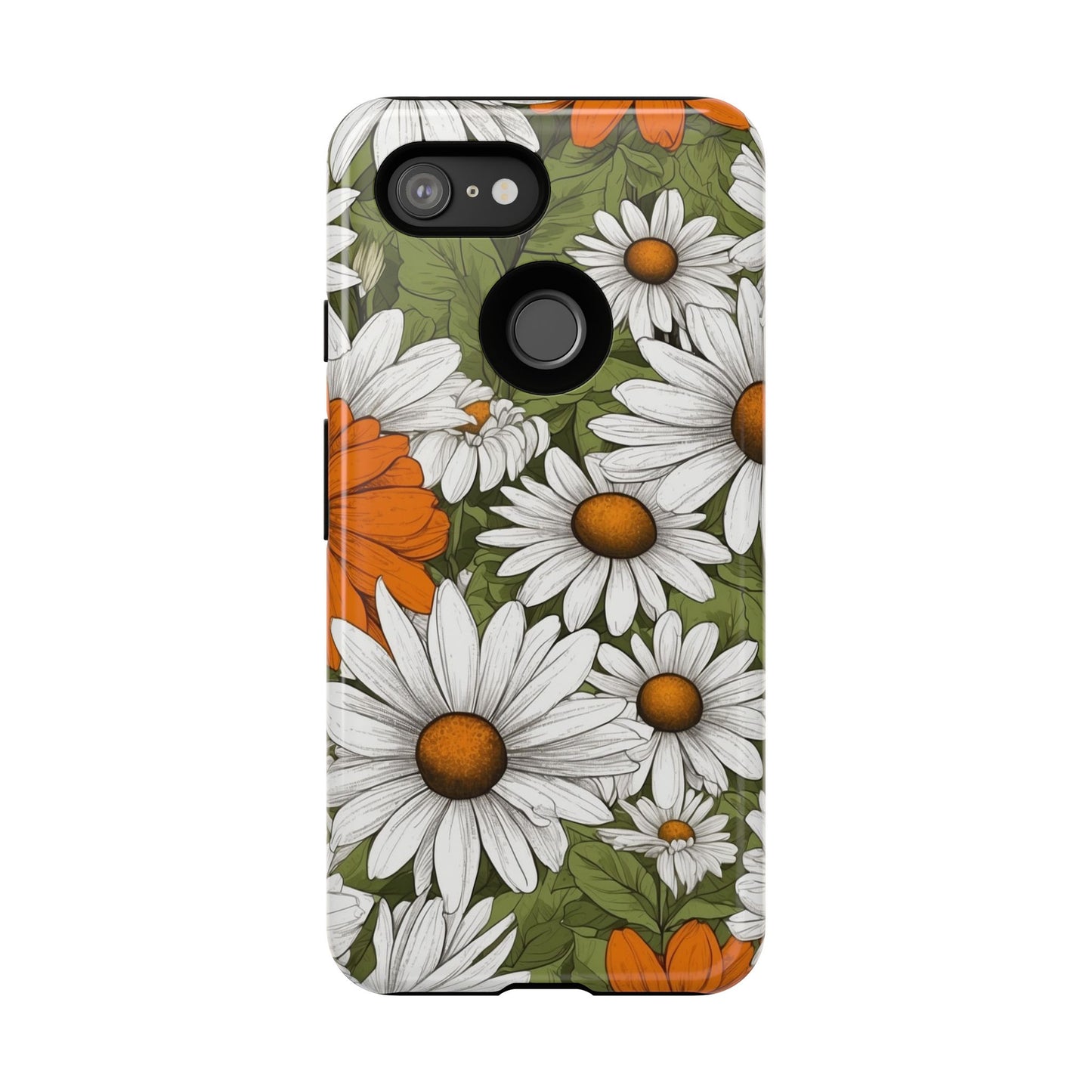 Boho Chic Daisies Floral Pattern "White, Orange & Green" Phone Case