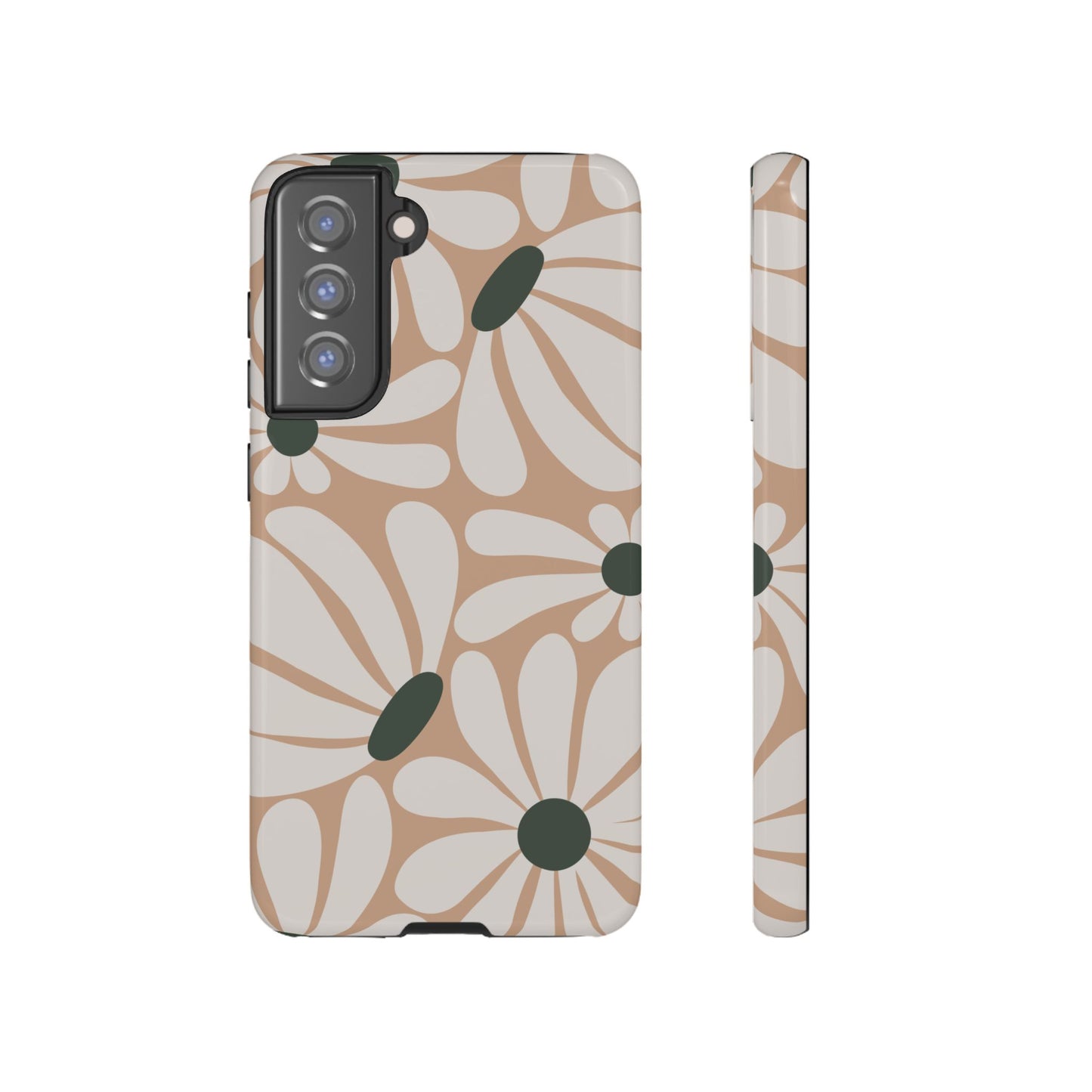 Samsung Galaxy S21 FE / Glossy Phone Case - ’Retro Beige & White Daisy Pattern’ Phone Case