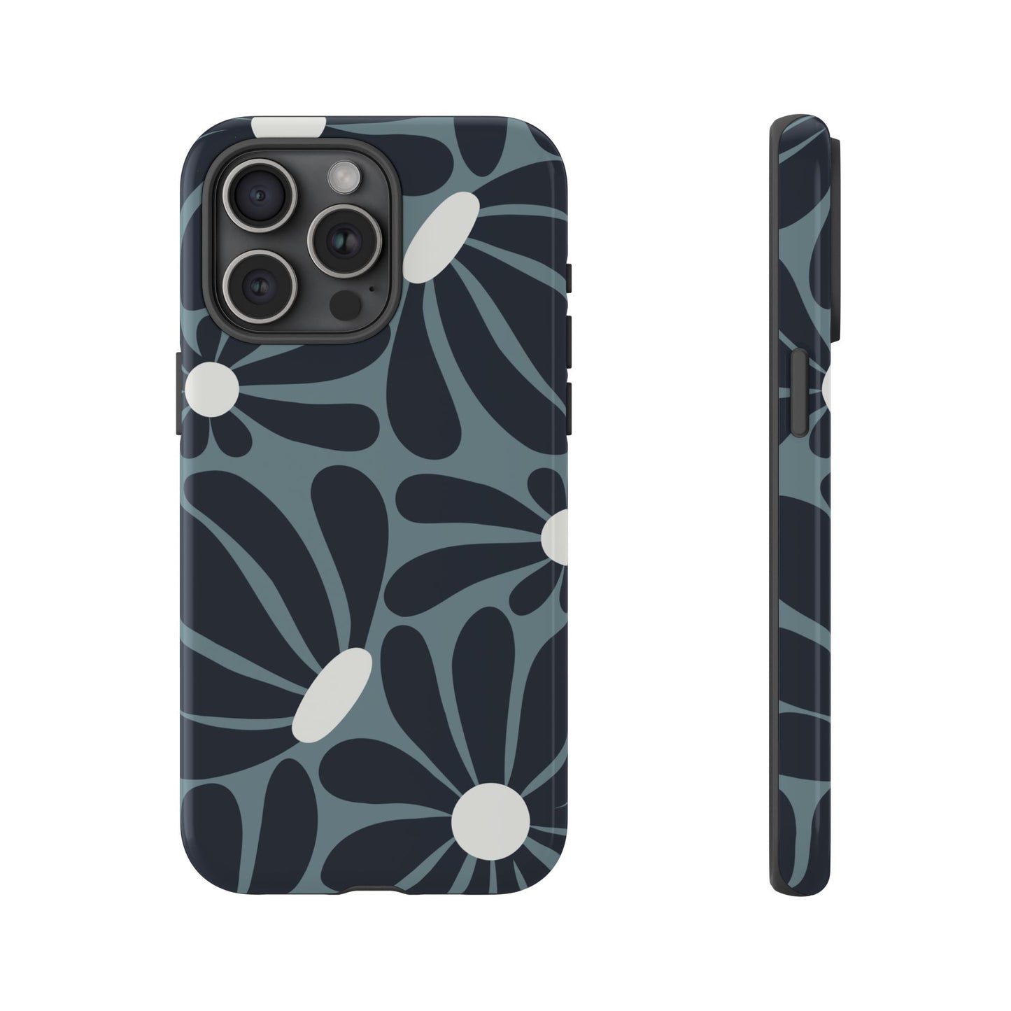 iPhone 15 Pro Max / Glossy Phone Case - ’Retro Navy Blue & White Daisy Pattern’ Phone Case