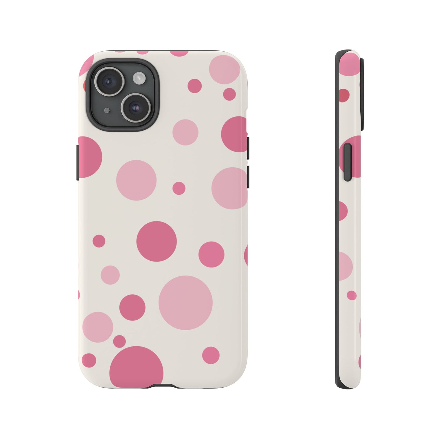 iPhone 15 Plus / Glossy Phone Case - ’Bold White with Pink Dot Pattern’ Phone Case