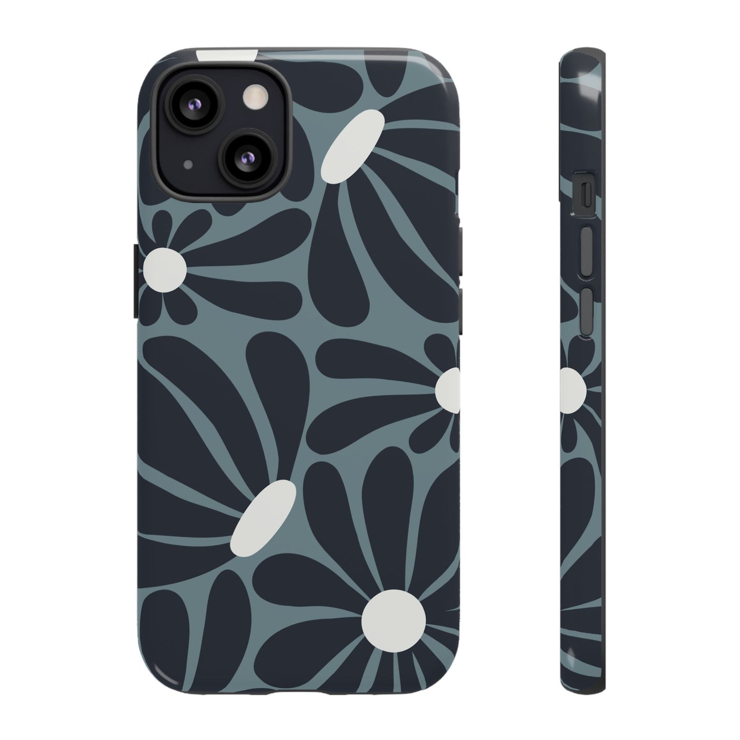 iPhone 13 / Glossy Phone Case - ’Retro Navy Blue & White Daisy Pattern’ Phone Case