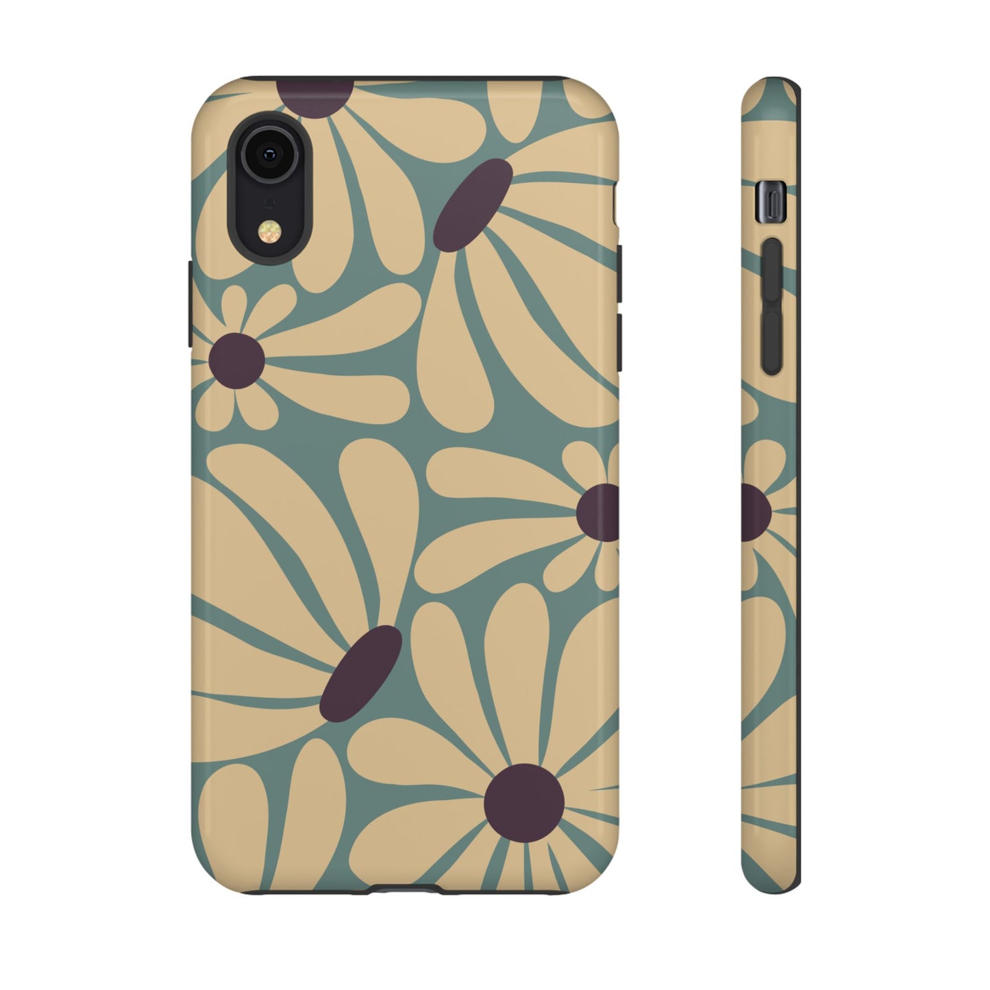 iPhone XR / Glossy Phone Case - ’Retro Cream & Blue Daisy Pattern’ Phone Case