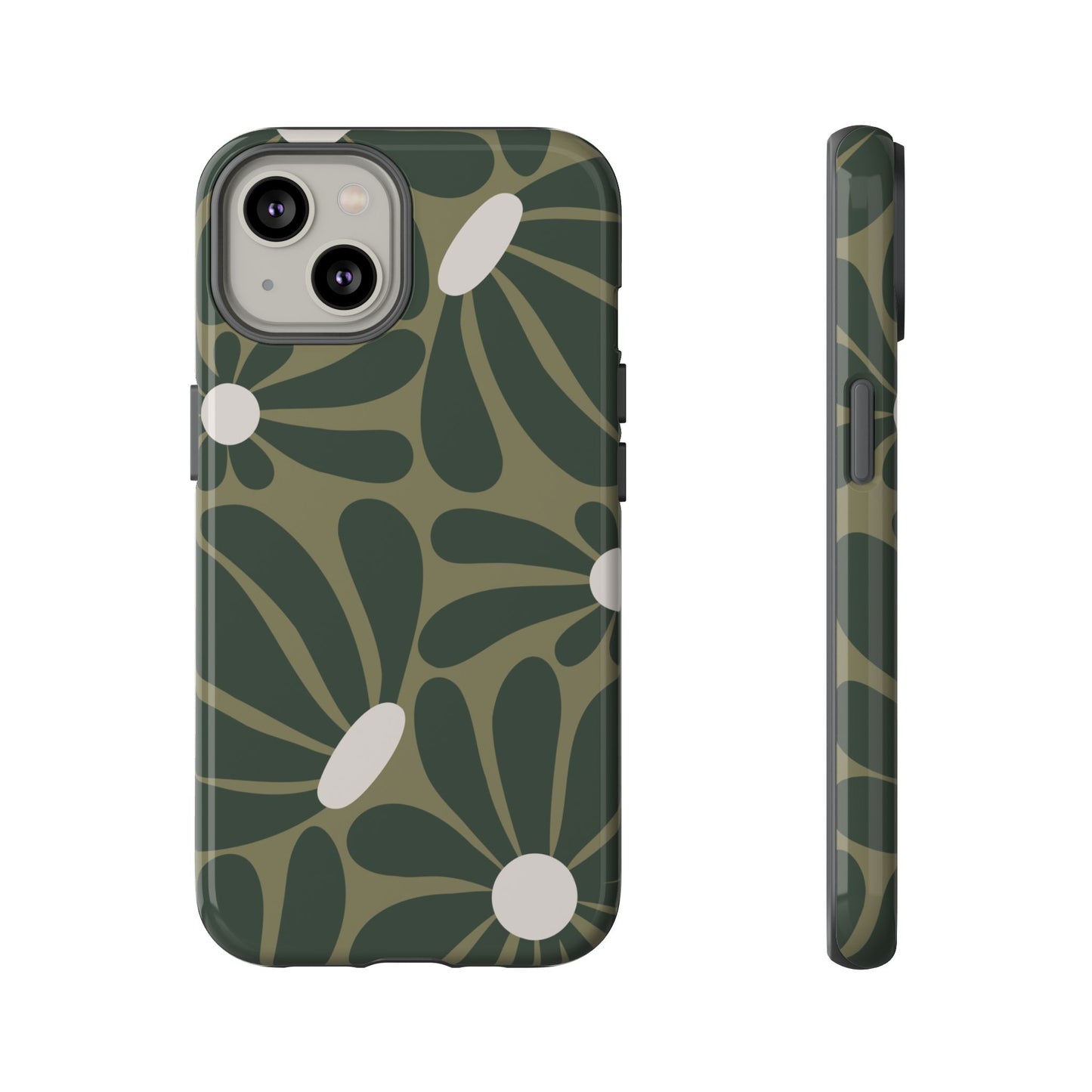 iPhone 14 / Glossy Phone Case - ’Retro Olive Green Daisy Pattern’ Phone Case