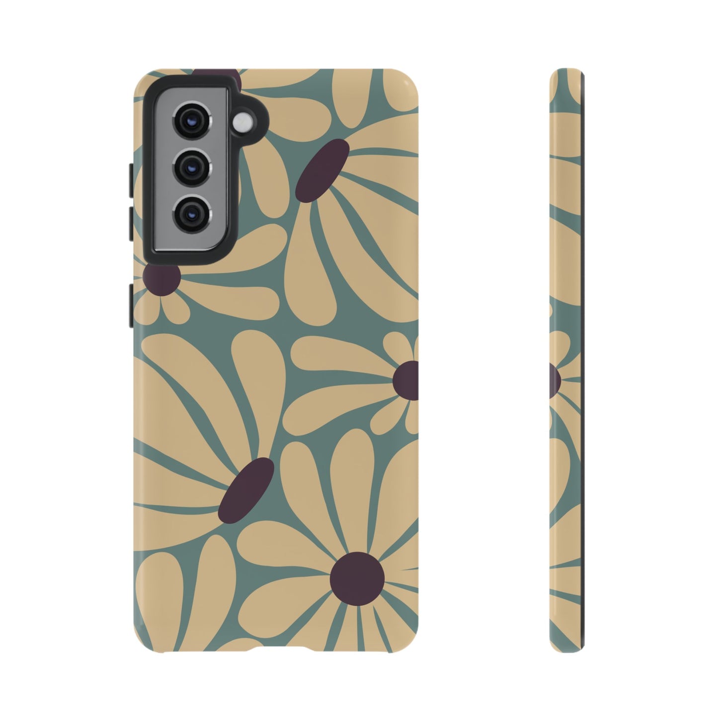 Samsung Galaxy S21 / Glossy Phone Case - ’Retro Cream & Blue Daisy Pattern’ Phone Case
