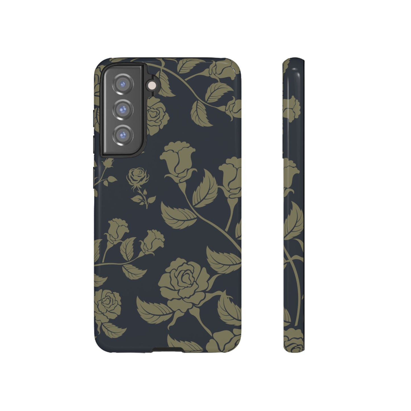 Samsung Galaxy S21 FE / Glossy Phone Case - ’Blue & Olive Rose Pattern’ Phone Case