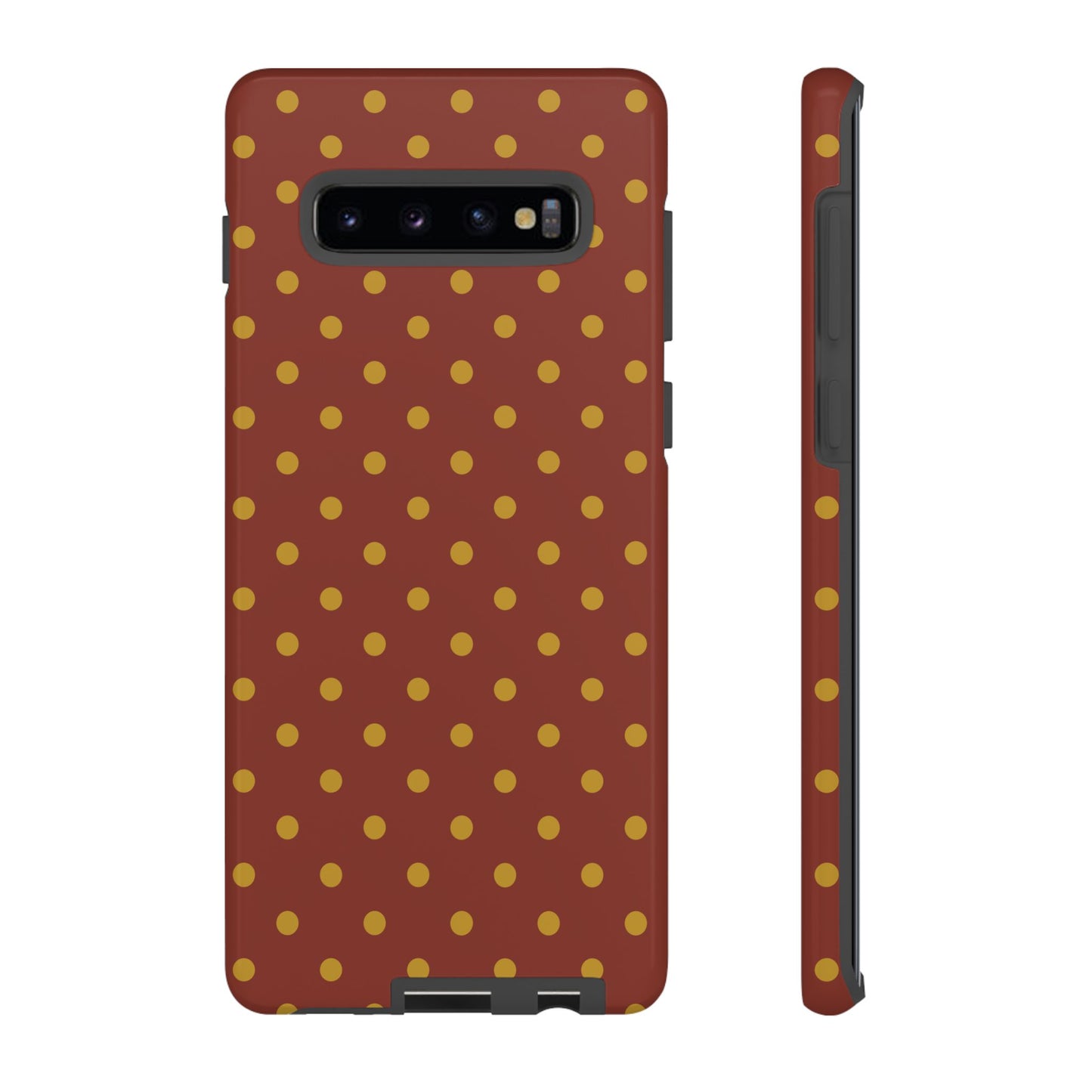 Samsung Galaxy S10 Plus / Glossy Phone Case - Trendy Brown & Mustard Dot Pattern Phone Case