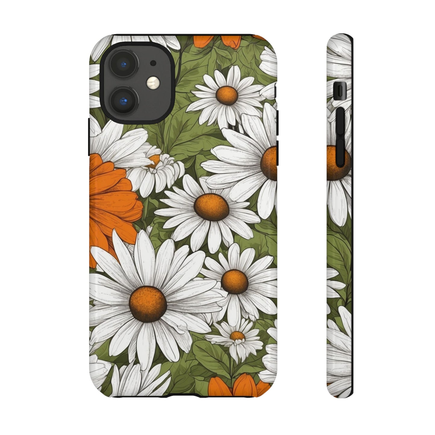Boho Chic Daisies Floral Pattern "White, Orange & Green" Phone Case