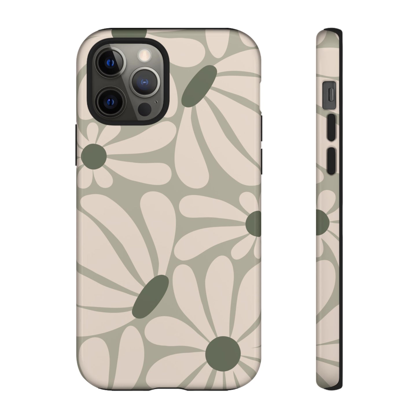 iPhone 12 Pro / Glossy Phone Case - ’Retro Cream & Green Daisy Pattern’ Phone Case