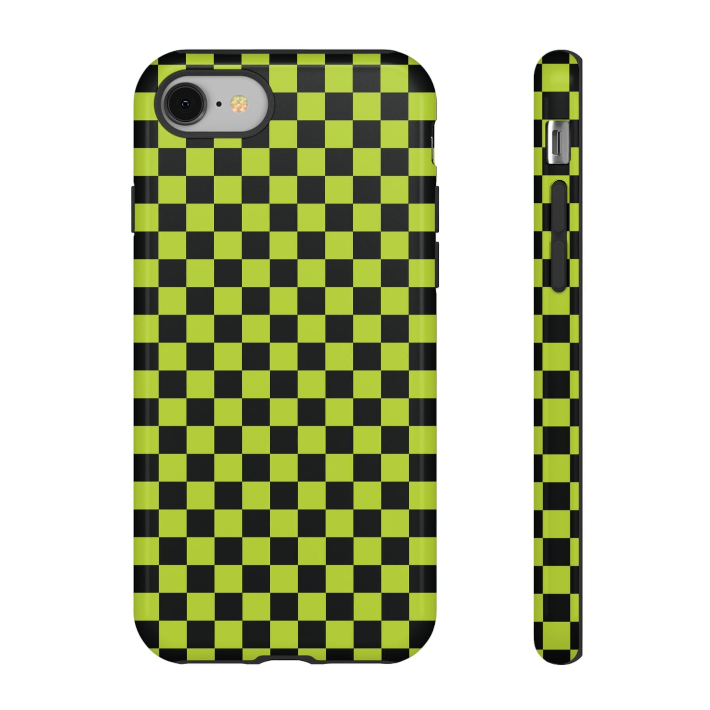 iPhone 8 / Glossy Phone Case - Trendy Neon Lime Green & Plum Small Checked Pattern Phone Case