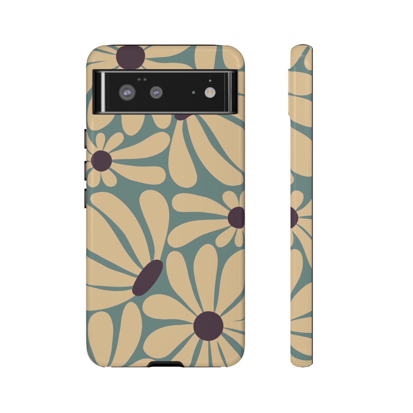 Google Pixel 6 / Glossy Phone Case - ’Retro Cream & Blue Daisy Pattern’ Phone Case