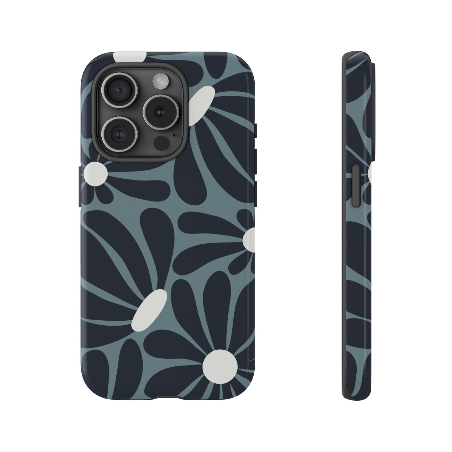 iPhone 15 Pro / Glossy Phone Case - ’Retro Navy Blue & White Daisy Pattern’ Phone Case