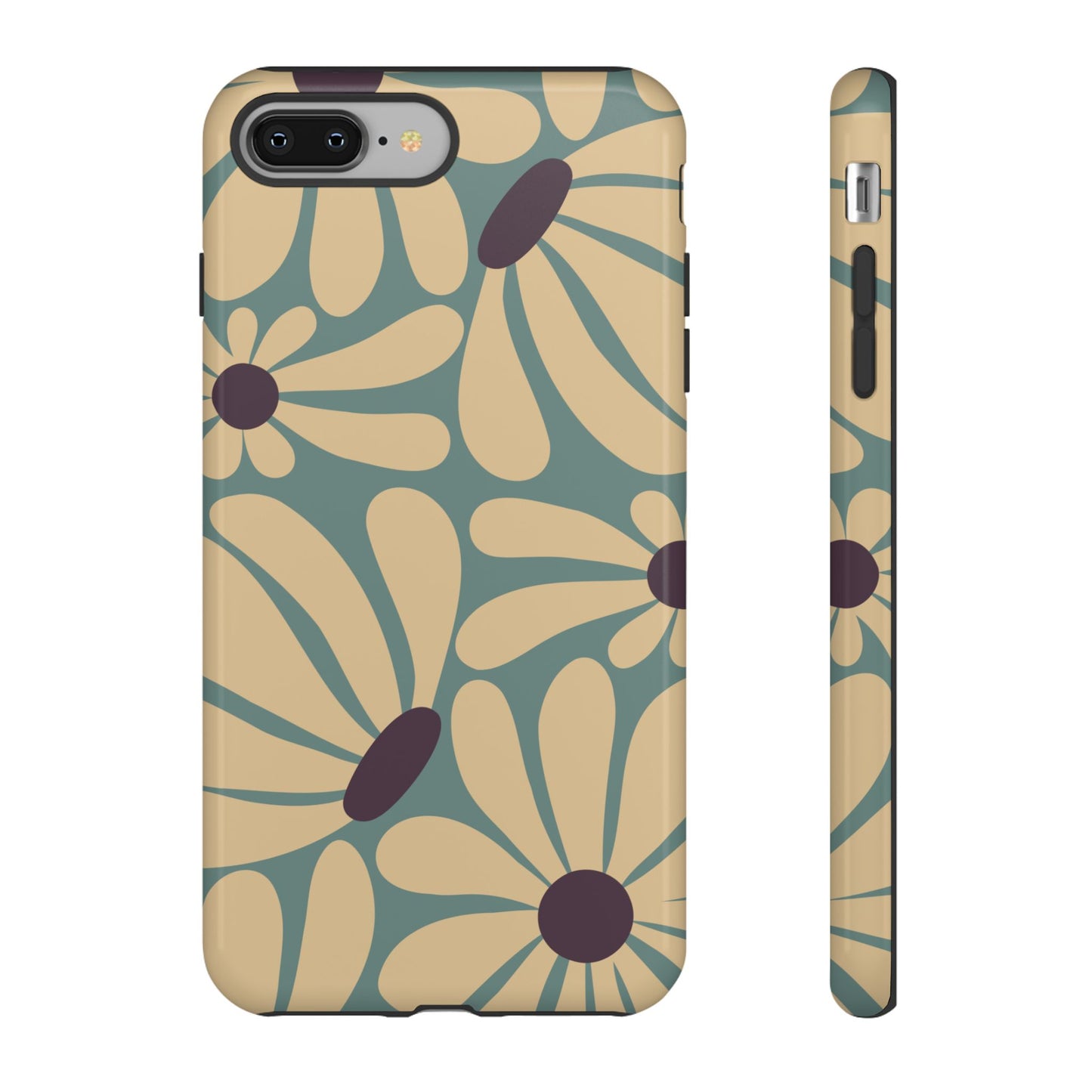 iPhone 8 Plus / Glossy Phone Case - ’Retro Cream & Blue Daisy Pattern’ Phone Case