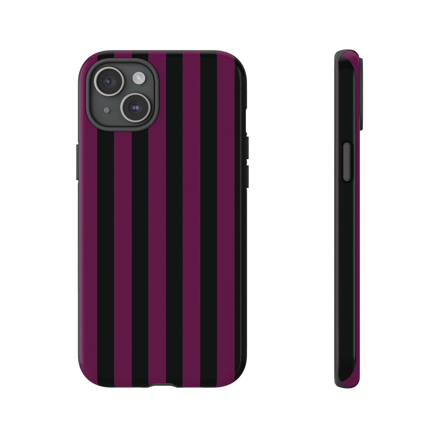 iPhone 15 Plus / Glossy Phone Case - Trendy Plum & Black Stripe Pattern Phone Case