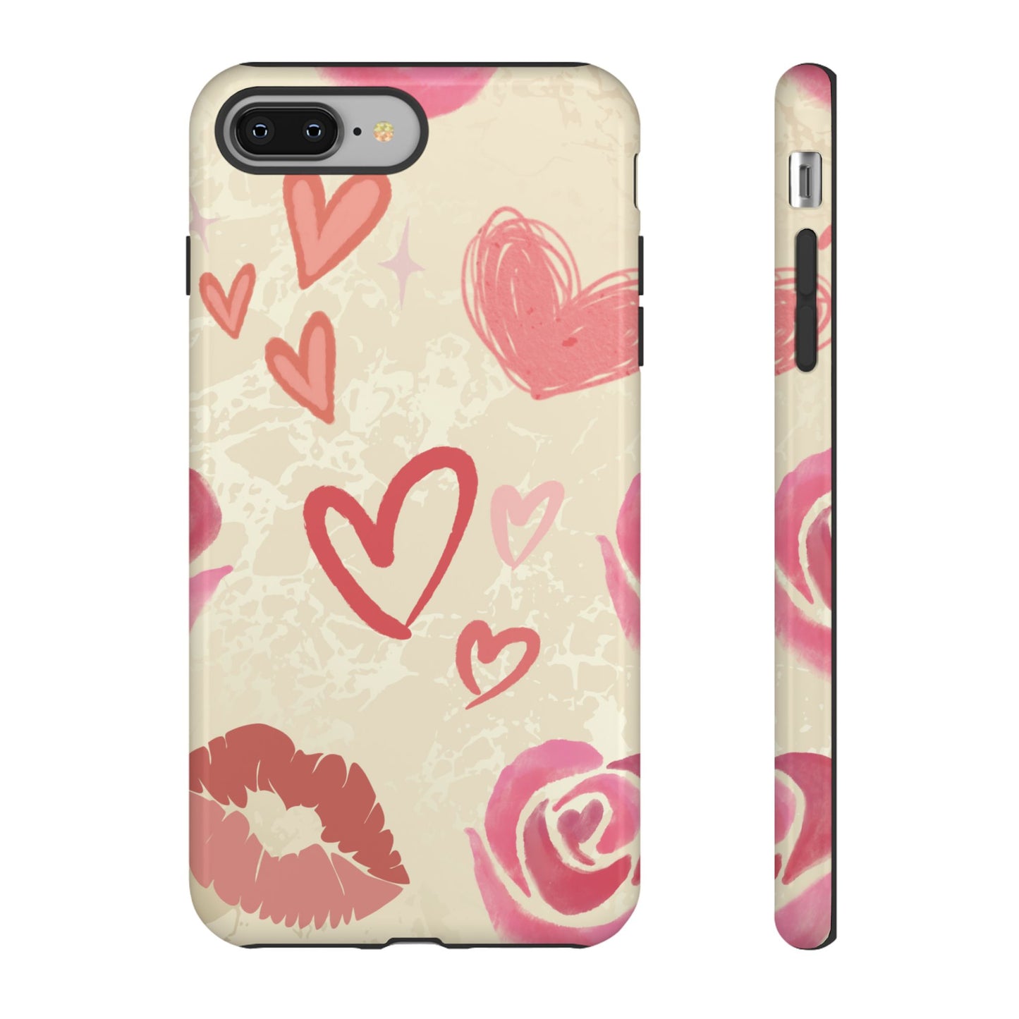 iPhone 8 Plus / Glossy Phone Case - ’Pink Heart & Rose Pattern’ Phone Case