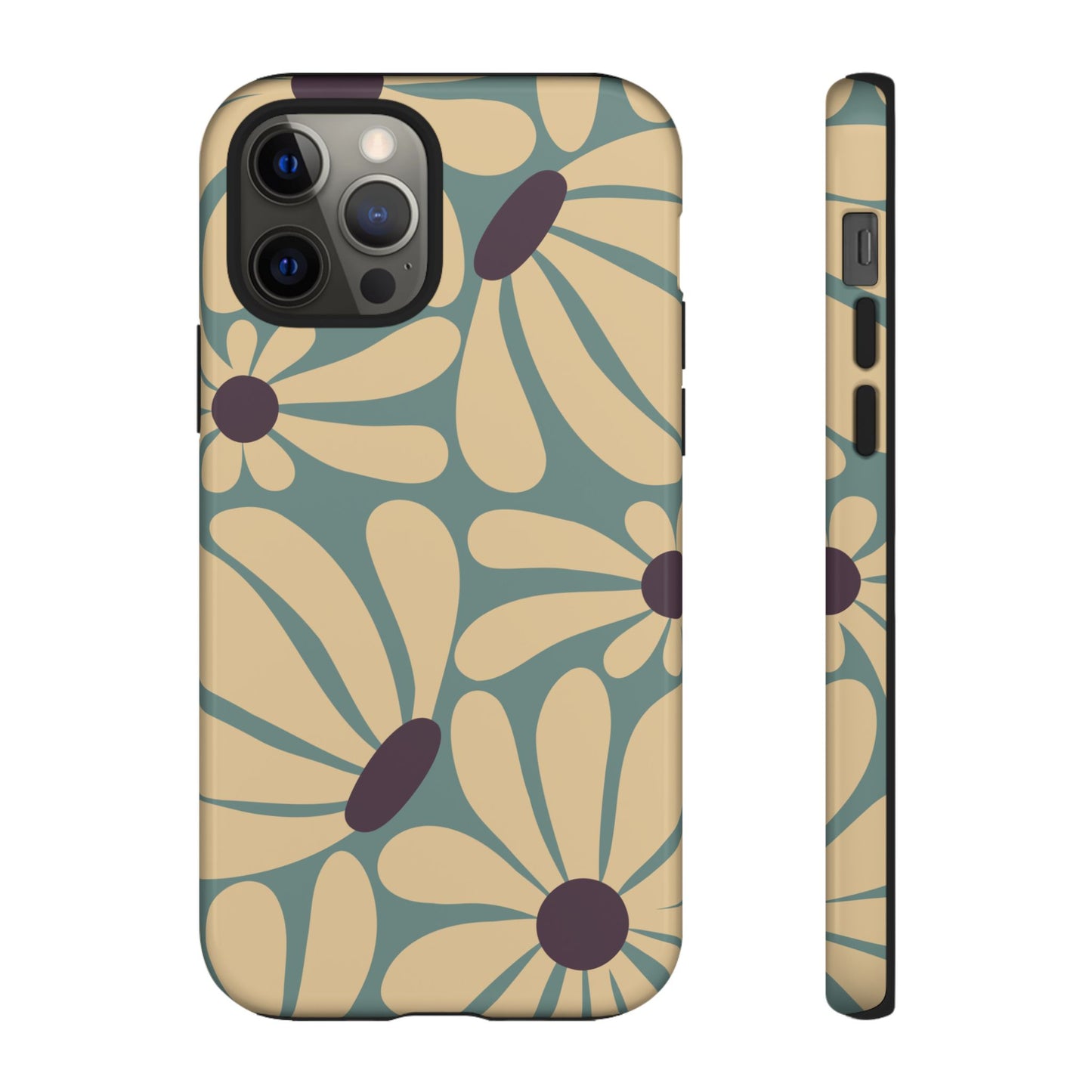 iPhone 12 Pro / Glossy Phone Case - ’Retro Cream & Blue Daisy Pattern’ Phone Case