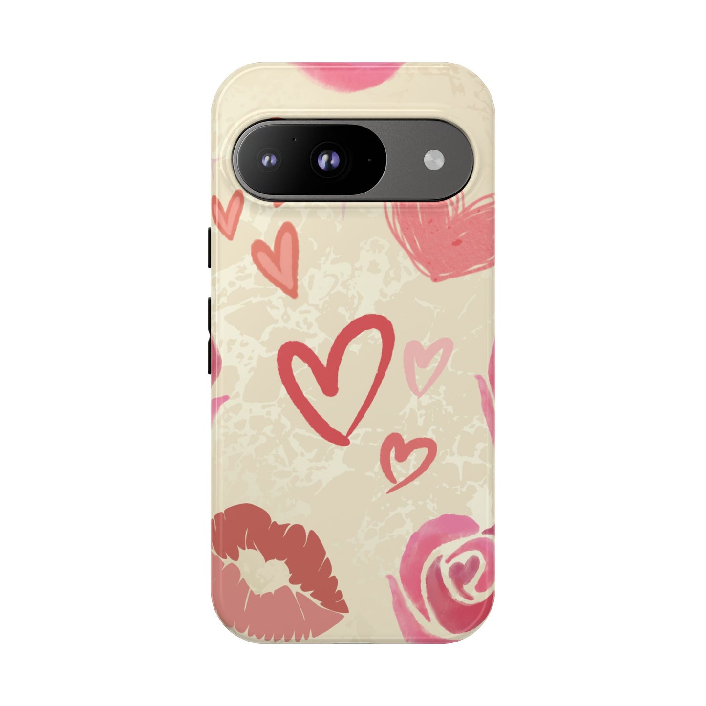 Google Pixel 9 / Glossy Phone Case - ’Pink Heart & Rose Pattern’ Phone Case