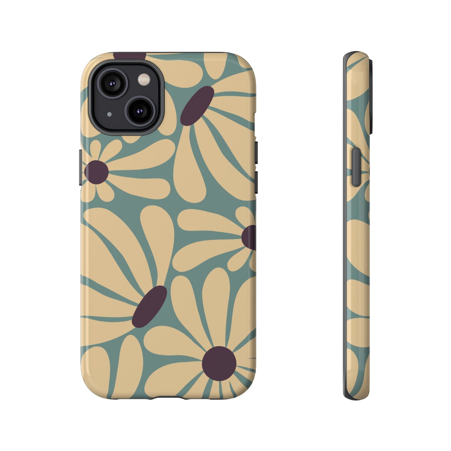 iPhone 14 Plus / Glossy Phone Case - ’Retro Cream & Blue Daisy Pattern’ Phone Case