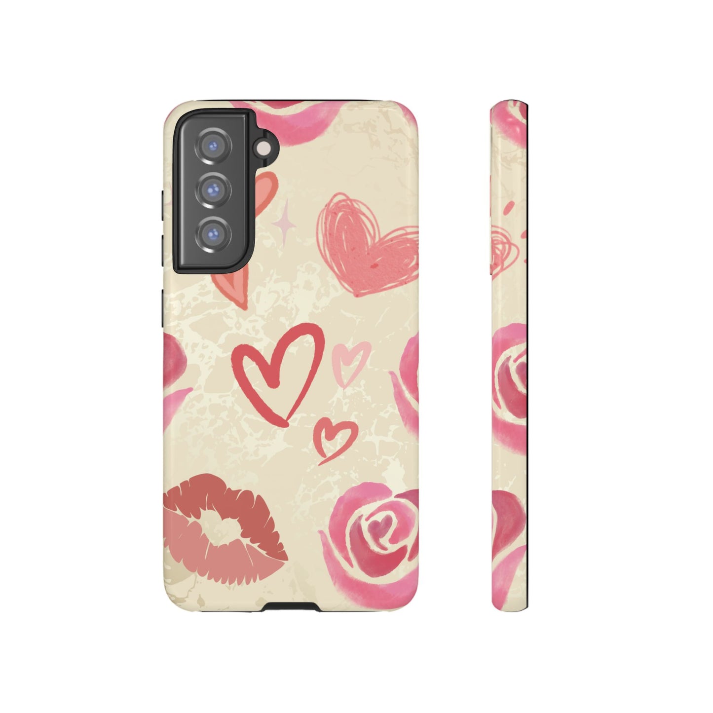 Samsung Galaxy S21 FE / Glossy Phone Case - ’Pink Heart & Rose Pattern’ Phone Case