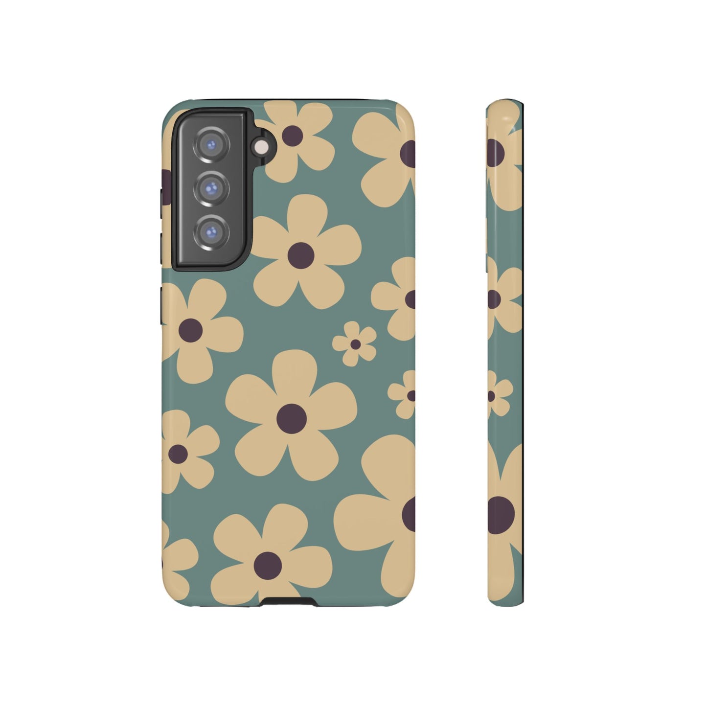 Samsung Galaxy S21 FE / Glossy Phone Case - Cute Blue & Cream Daisy Pattern Phone Case