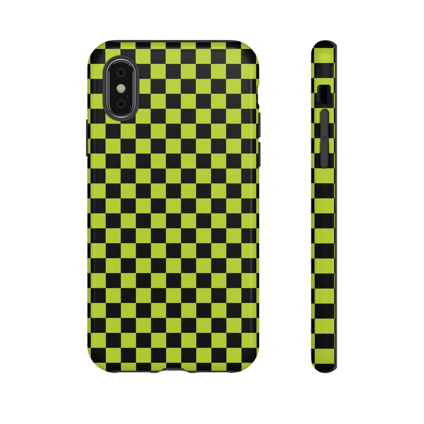 iPhone XS / Glossy Phone Case - Trendy Neon Lime Green & Plum Small Checked Pattern Phone Case