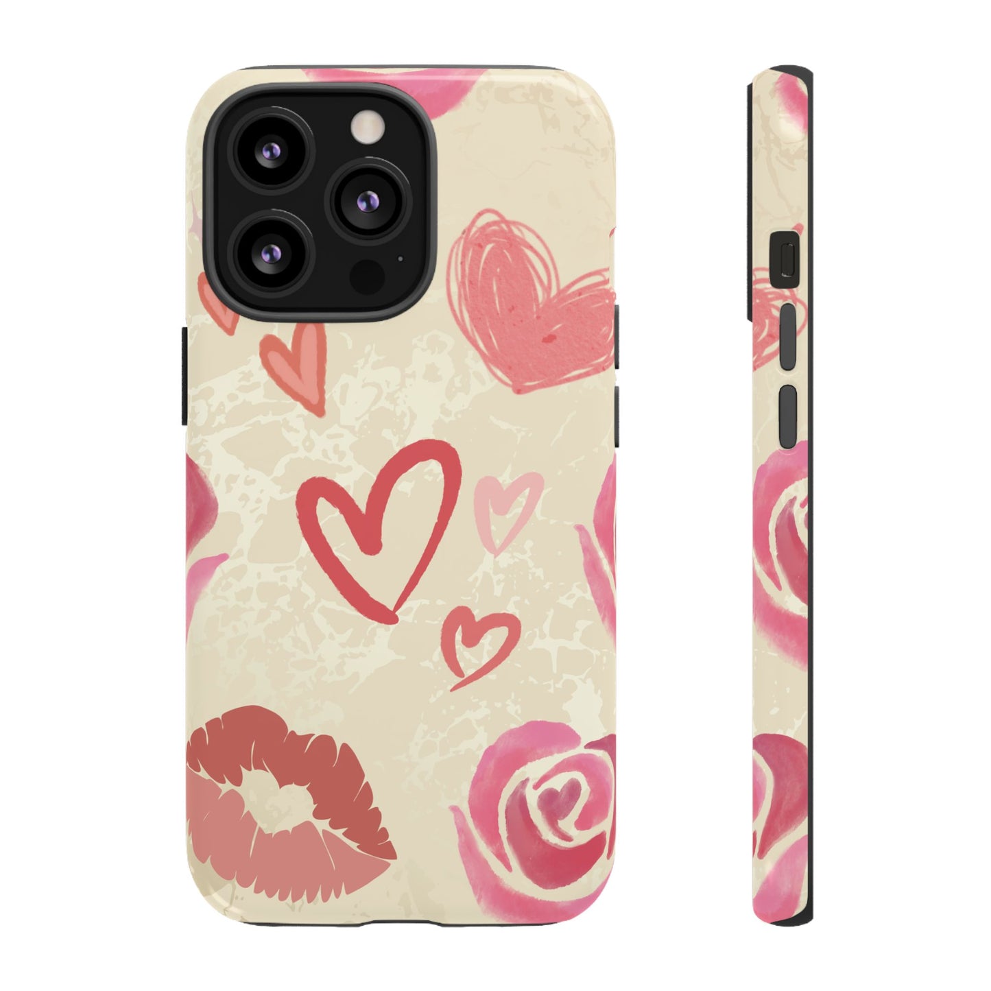 iPhone 13 Pro / Glossy Phone Case - ’Pink Heart & Rose Pattern’ Phone Case