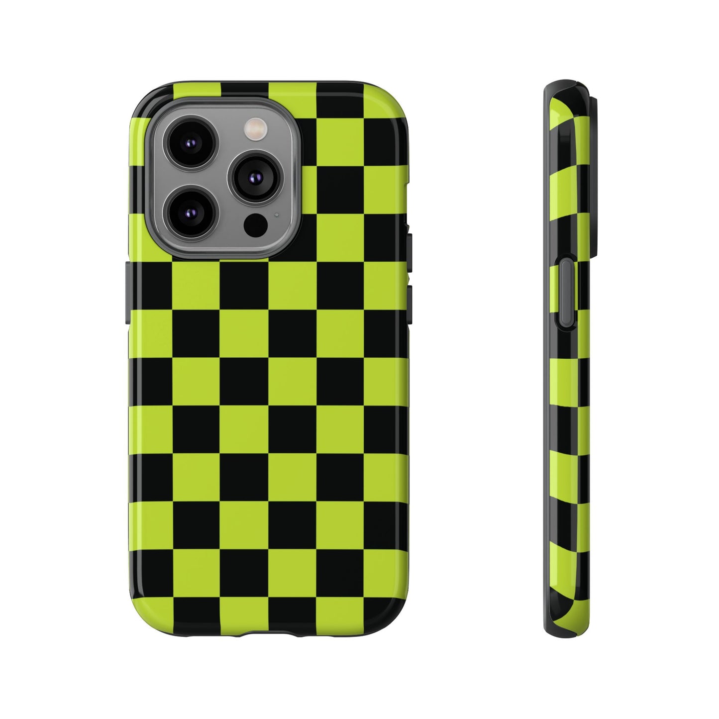 iPhone 14 Pro / Glossy Phone Case - Trendy Neon Lime Green & Black Checked Pattern Phone Case