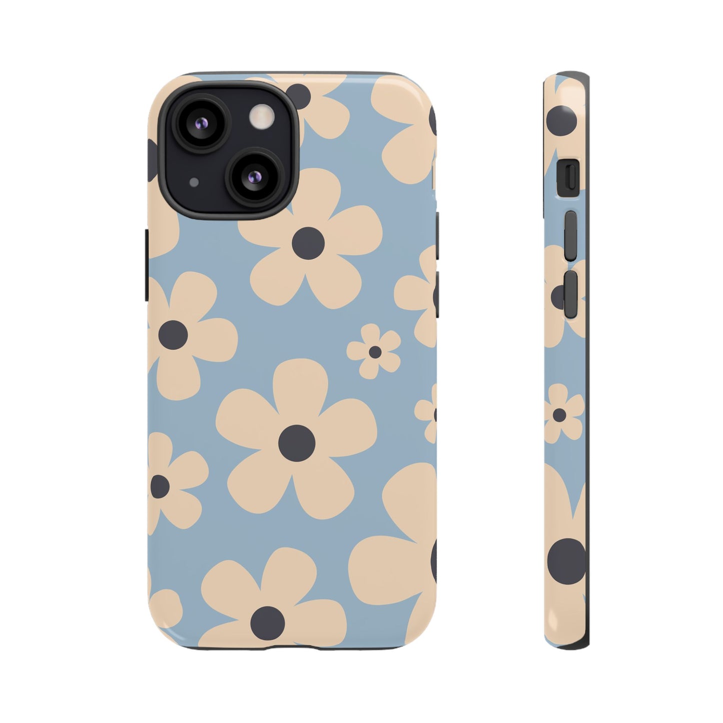 iPhone 13 Mini / Glossy Phone Case - Cute Light Blue & Cream Daisy Pattern Phone Case