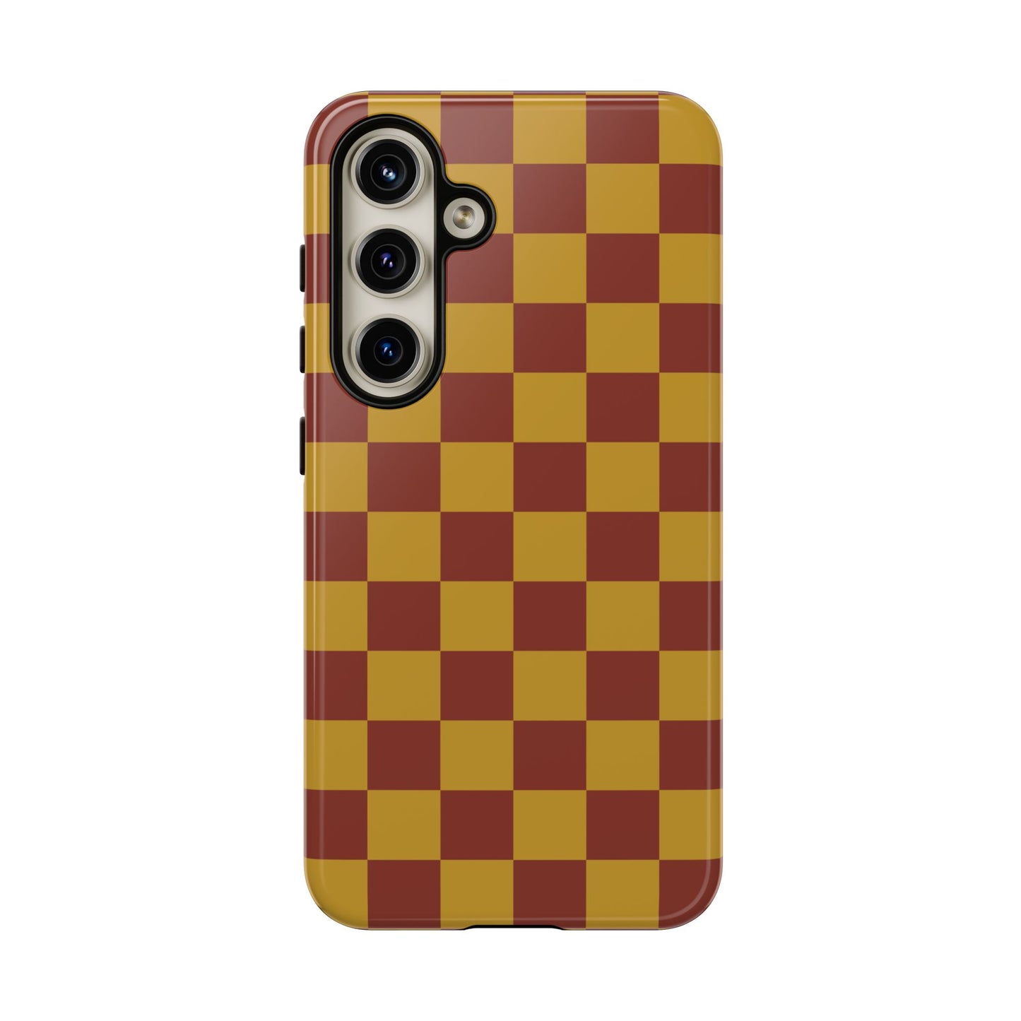 Samsung Galaxy S24 / Glossy Phone Case - Trendy Mustard & Burgandy Checked Pattern Phone Case