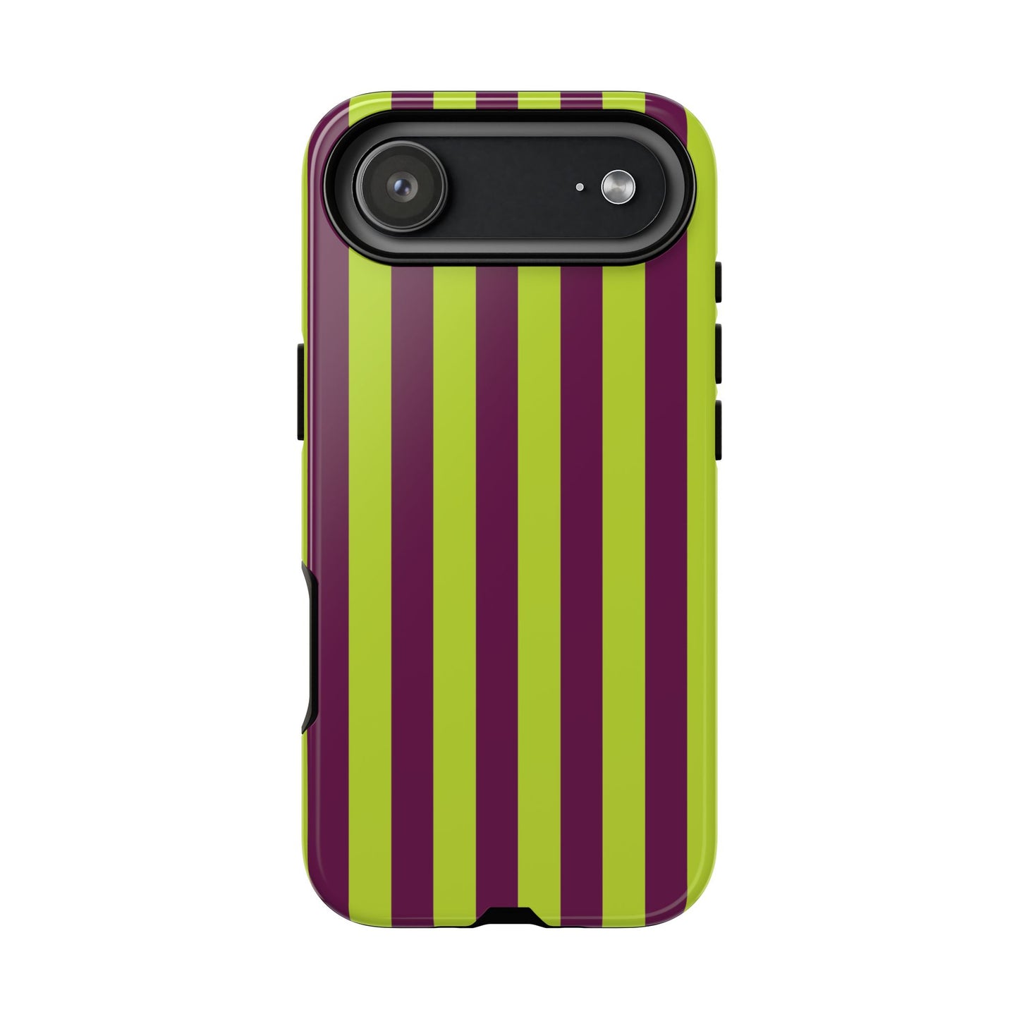 iPhone 17 Air / Glossy Phone Case - Trendy Neon Lime Green & Plum Stripe Pattern Phone Case