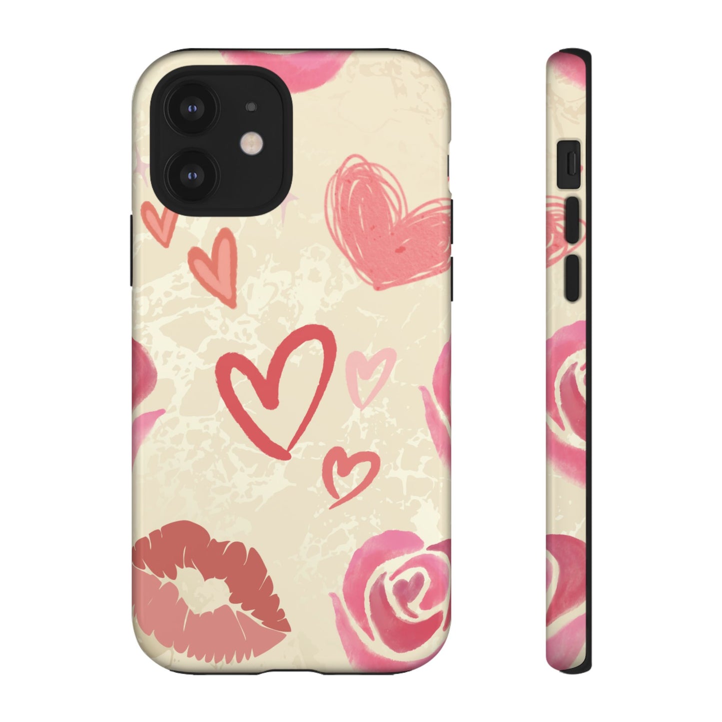 iPhone 12 / Glossy Phone Case - ’Pink Heart & Rose Pattern’ Phone Case