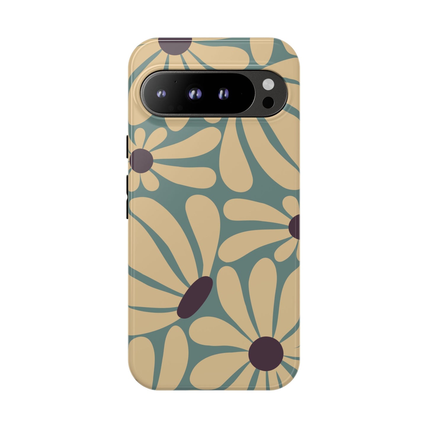 Google Pixel 9 Pro XL / Glossy Phone Case - ’Retro Cream & Blue Daisy Pattern’ Phone Case